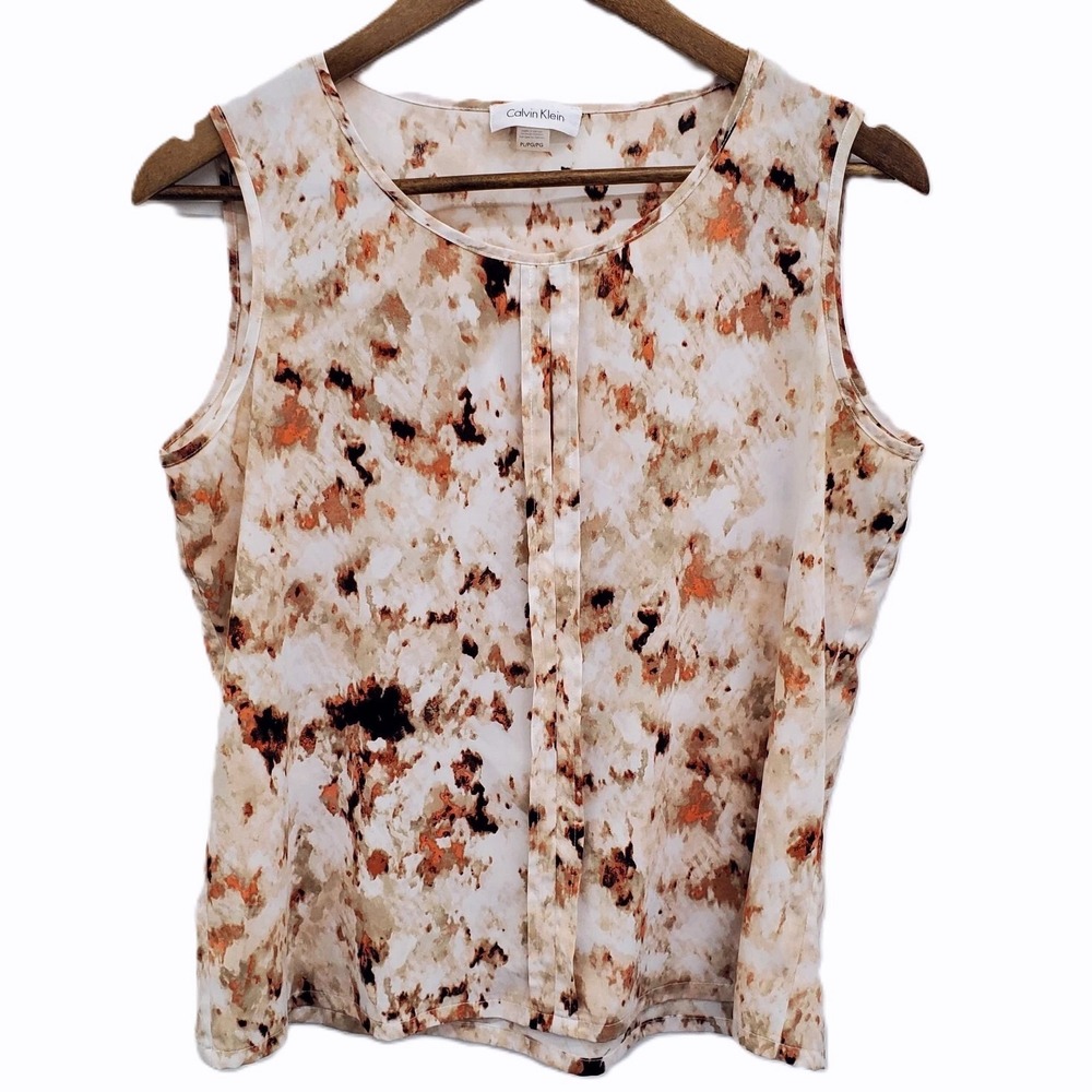 Calvin Klein Womens L Beige Abstract Sleeveless‎ Blouse Lightweight Top